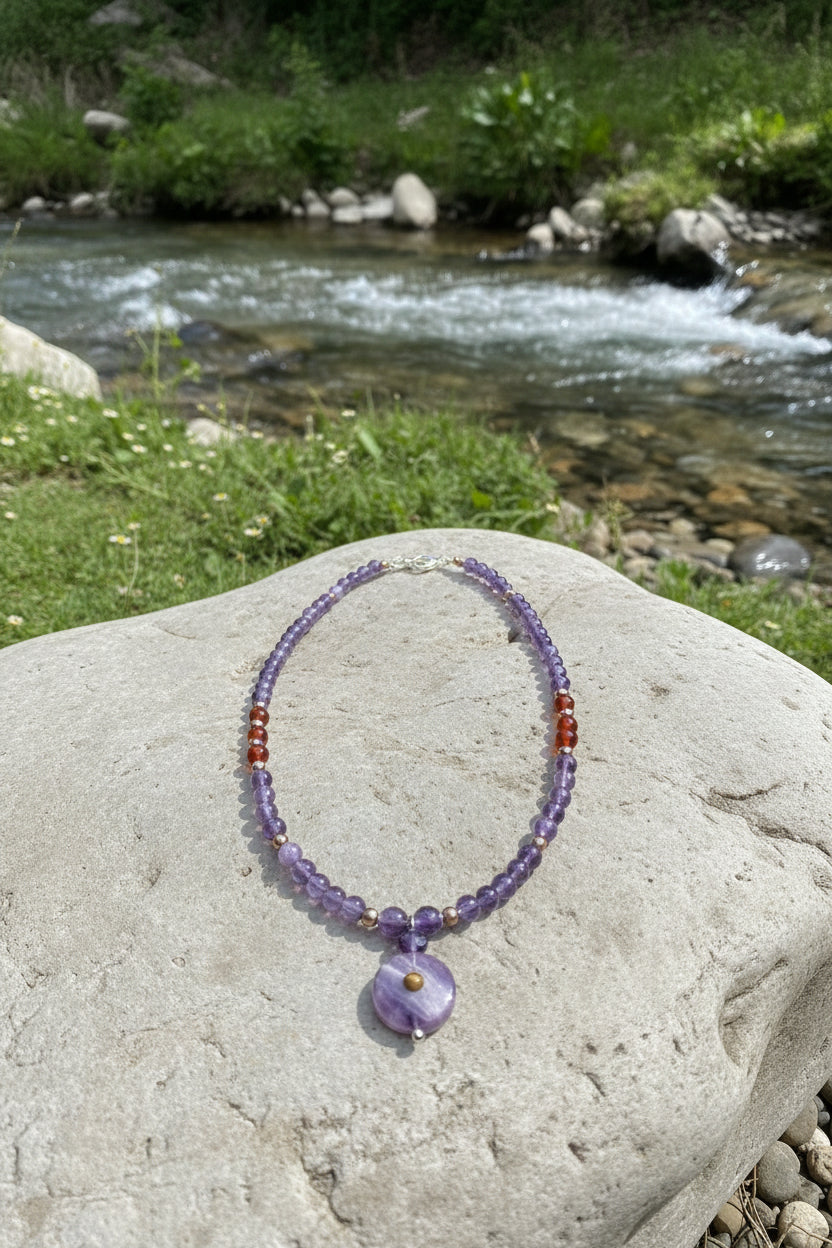 Running Deer 0014 Amethyst and Tiger Eye Pendant Necklace