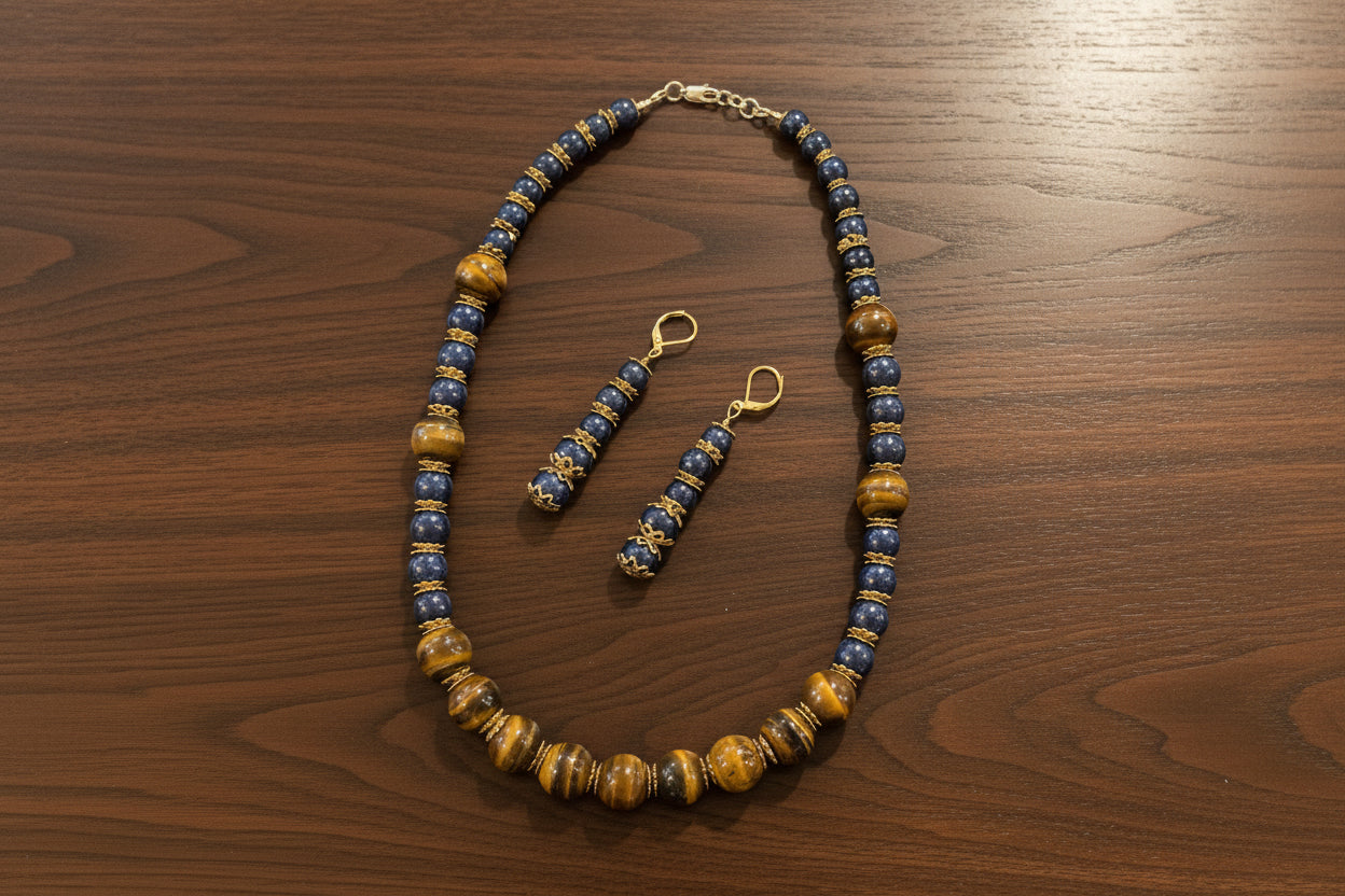 Running Deer 0035 Tiger Eye and Dyed Lapis Necklace and Earring Set
