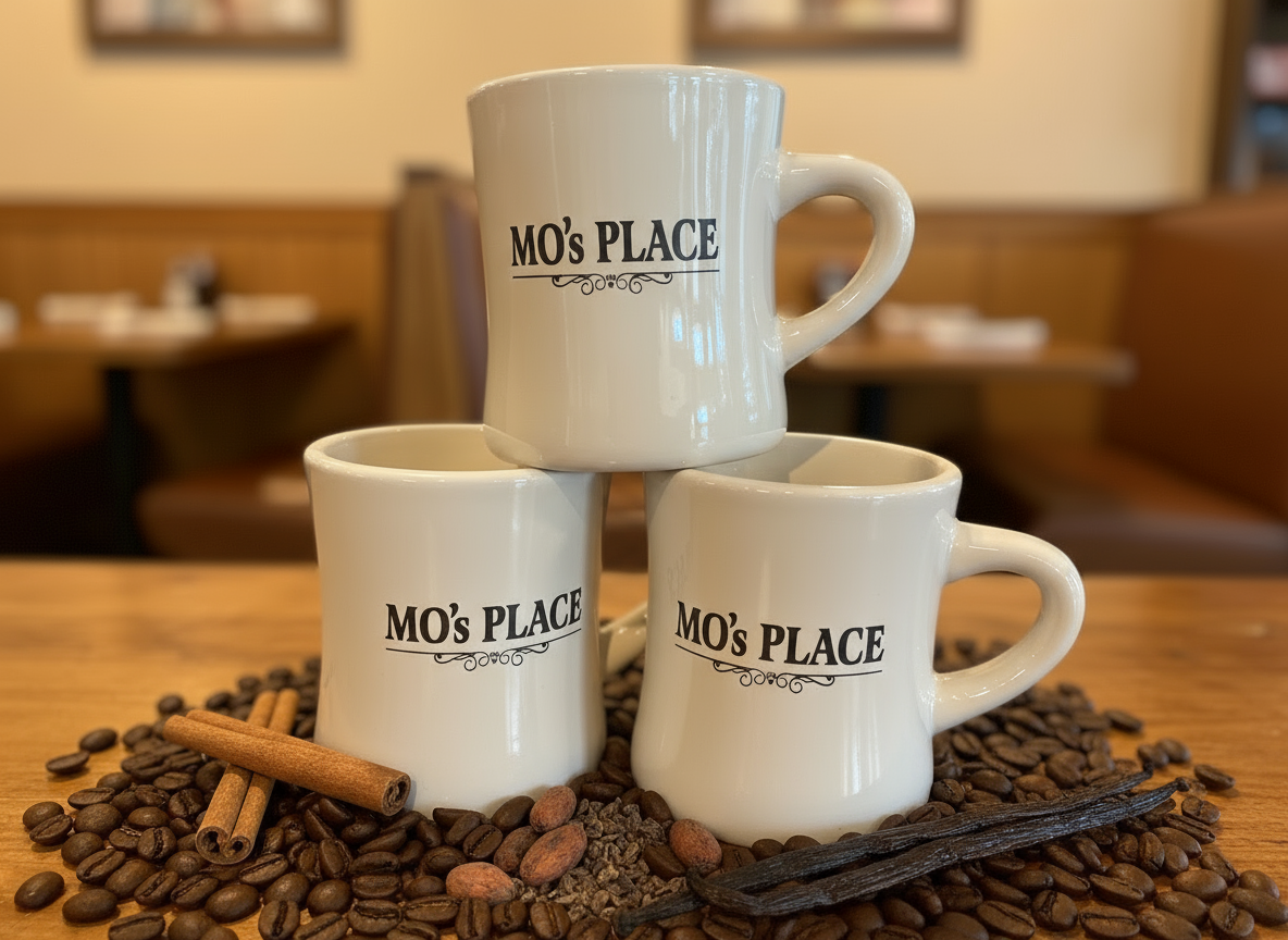 Three 'Mo's Place' mugs stacked on a wooden table with coffee beans and cinnamon sticks.