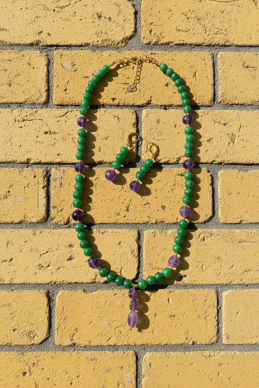 Running Deer 0036 Amethyst Pendant Necklace and Earring Set