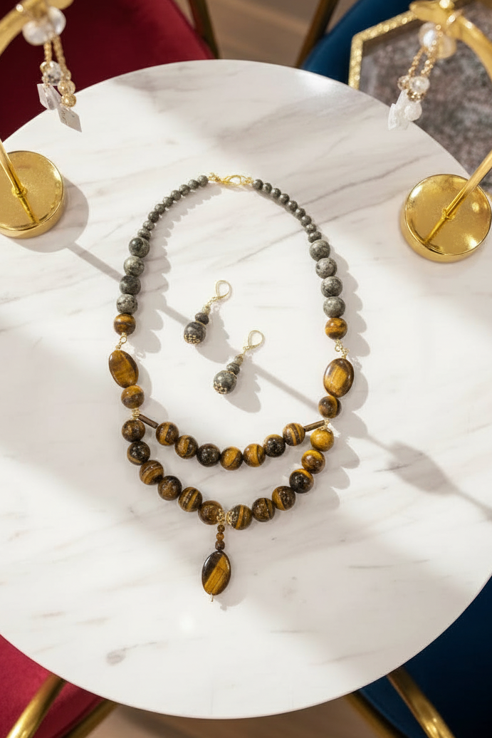 Running Deer 0021 Tiger Eye Pendant Necklace and Earring Set