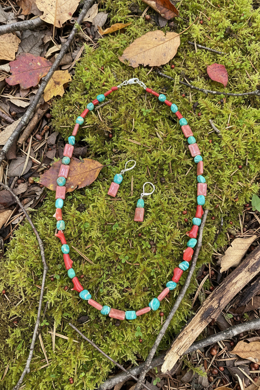 Running Deer 0028 Russian Amazonite and Rhodonite Necklace and Earrings