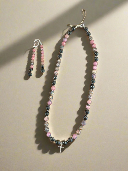 Running Deer 0013 Black Onyx & Rhodanite Beaded Necklace and Earring Set