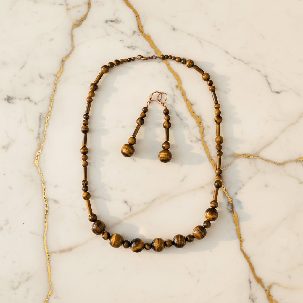 Running Deer 0005 TigerEye Bead Necklace & Earring Set