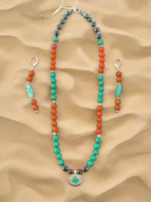 Running Deer 0018 Malachite in Sterling Silver Pendant Necklace and Earrings