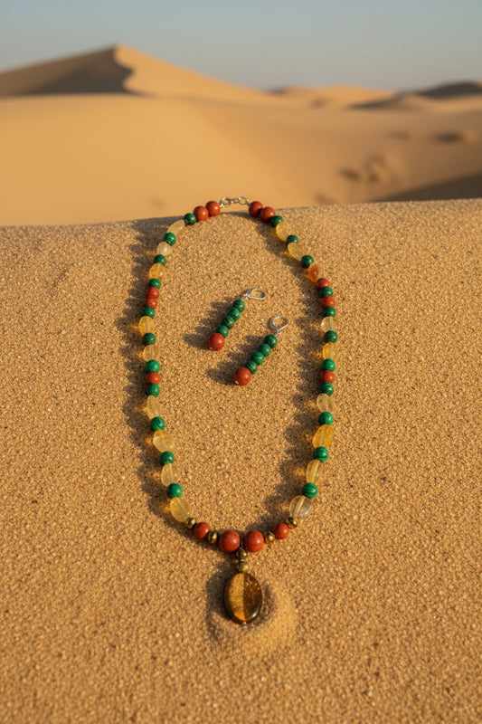 Running Deer 0016 Tiger Eye Pendant Necklace and Earring Set