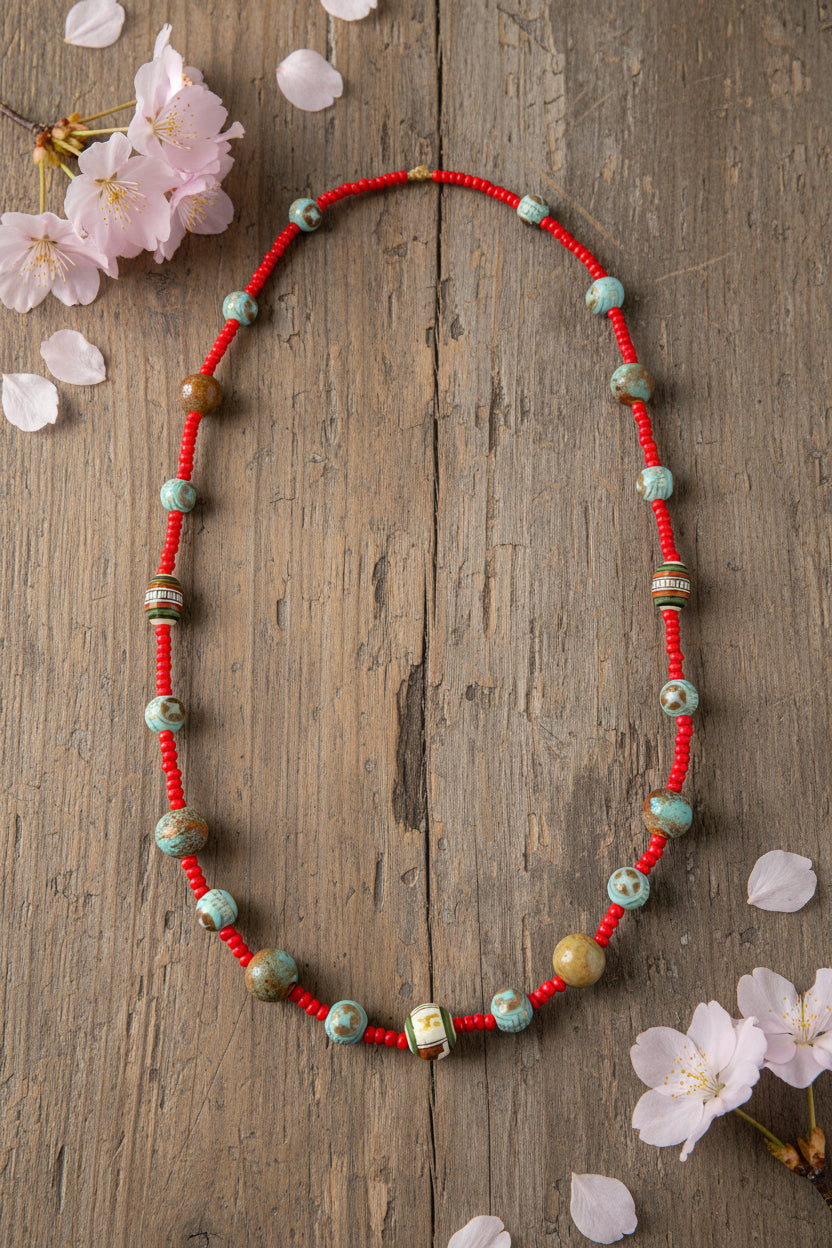 Running Deer 0002 Japanese Style Porcelain Beaded Necklace and Earring Set