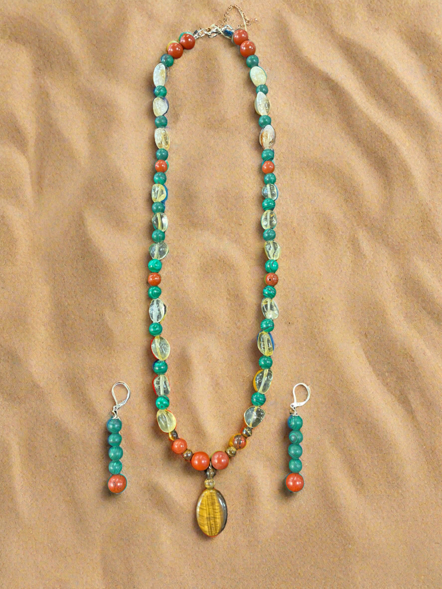 Running Deer 0016 Tiger Eye Pendant Necklace and Earrings