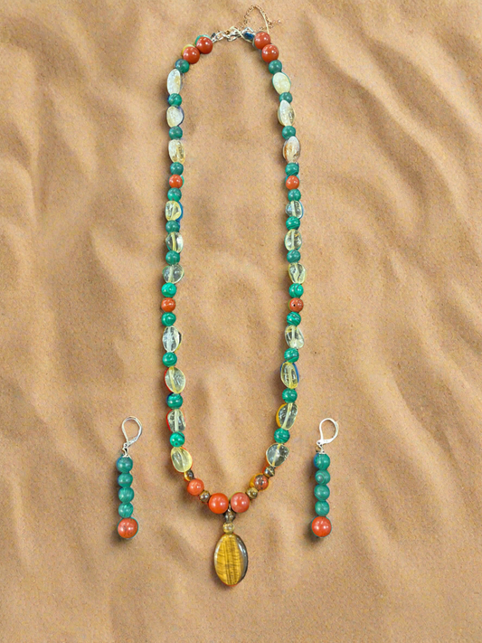 Running Deer 0016 Tiger Eye Pendant Necklace and Earrings