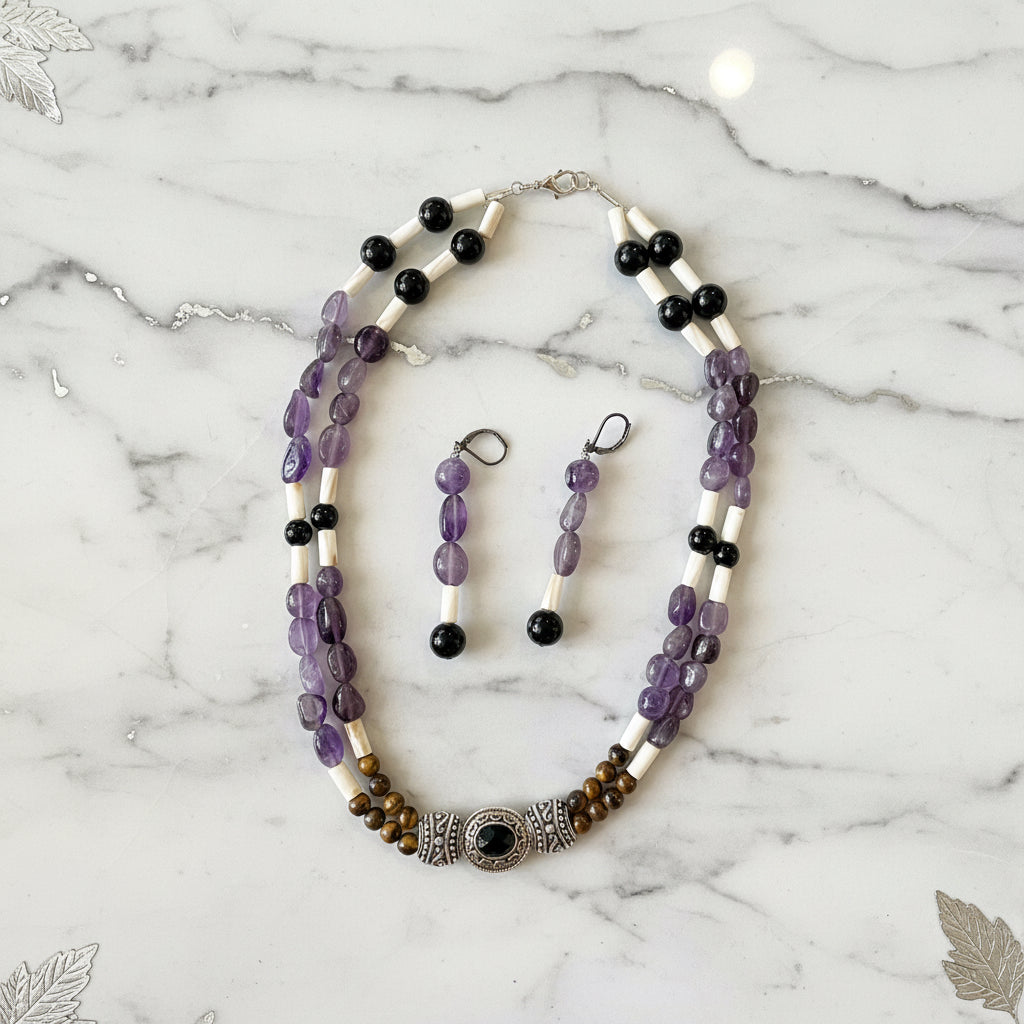 Running Deer 0007 Tigereye & Amethyst Beaded Necklace and Earring Set