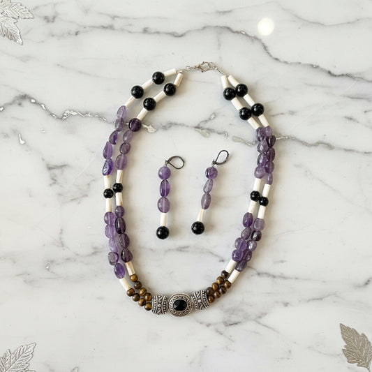Running Deer 0007 Tigereye & Amethyst Beaded Necklace and Earring Set