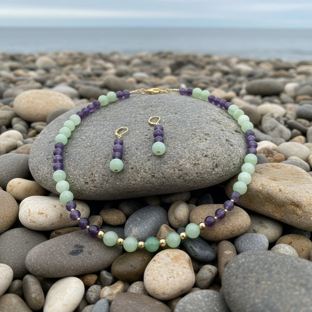 Running Deer 0001 Amazonite and Amethyst Beaded Necklace and Earring Set
