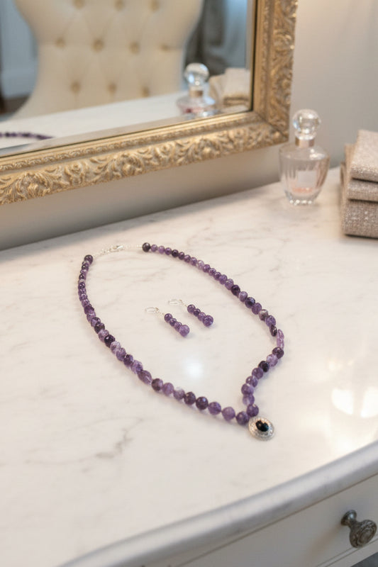Running Deer 0044 Amethyst Pendant Necklace and Earring Set