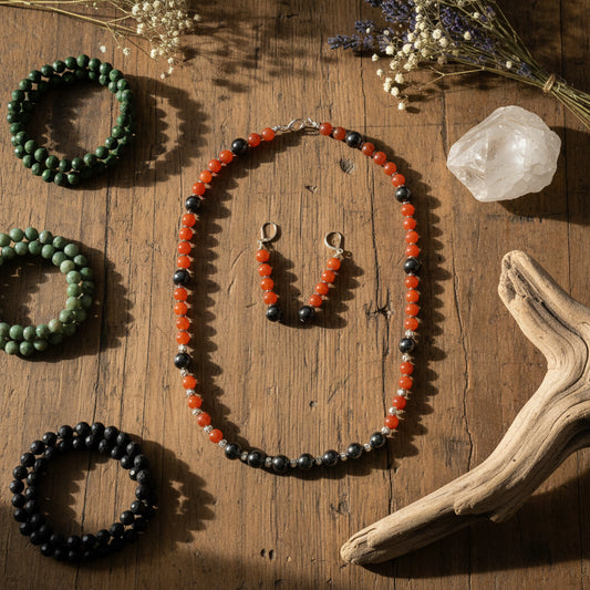 Running Deer 0009 Black Onyx and Carnelian Beaded Necklace and Earring Set