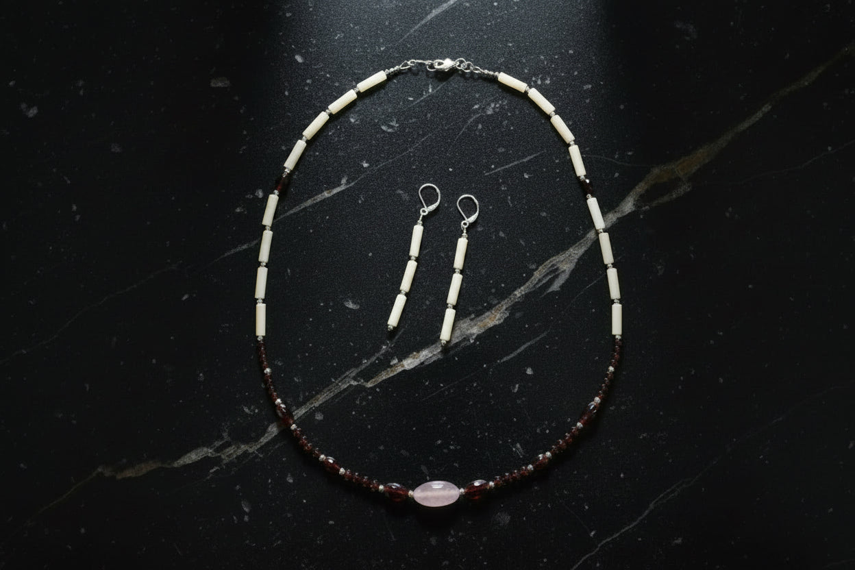Running Deer 0044 Rose Quartz Pendant Necklace and Earring Set