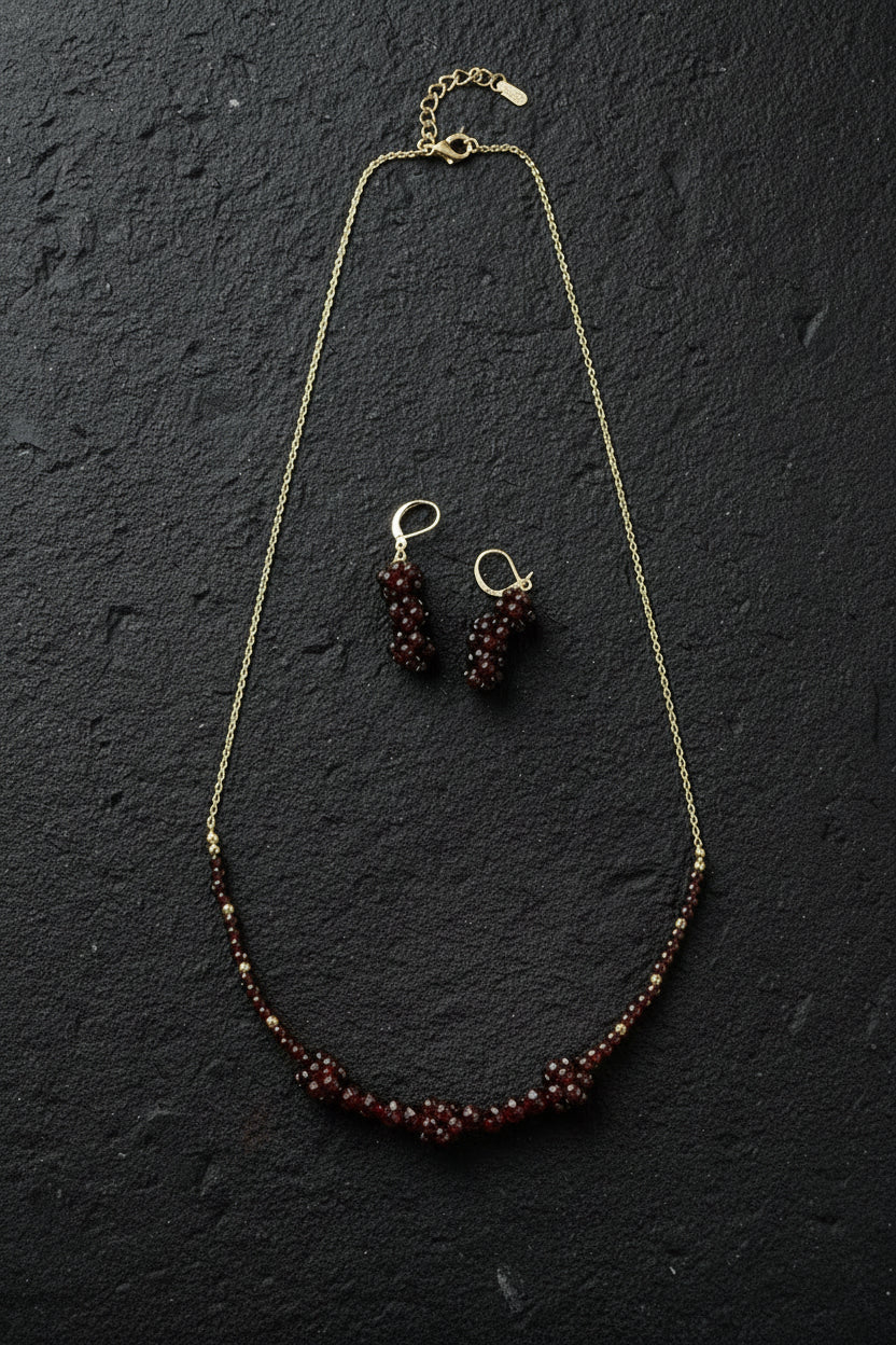 Running Deer 0046 Garnet Cluster Necklace and Earring Set