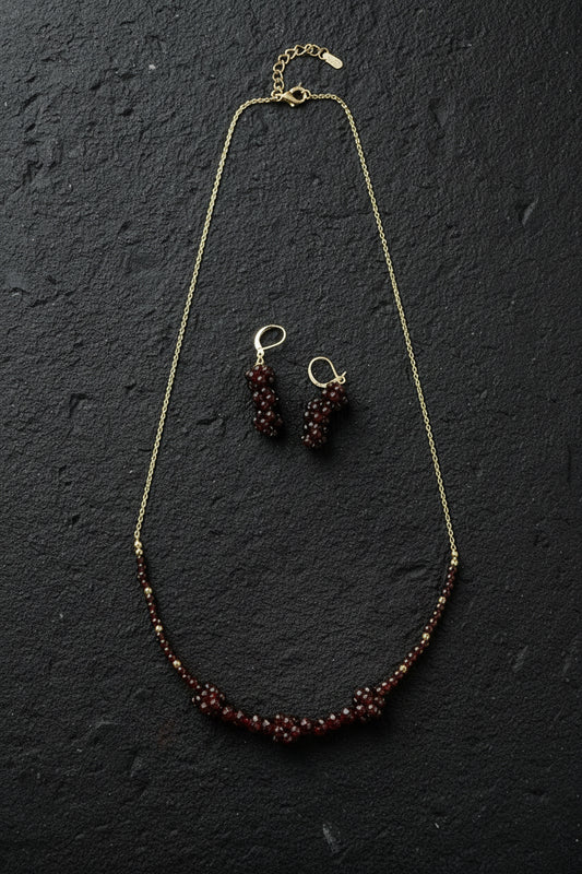 Running Deer 0046 Garnet Cluster Necklace and Earring Set