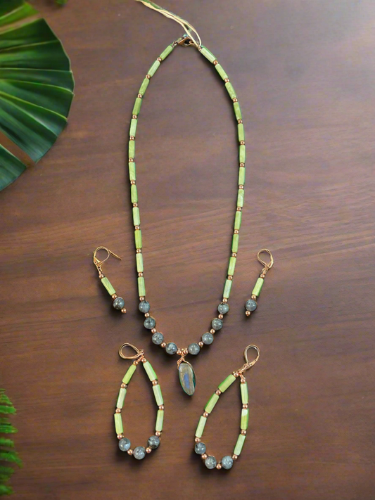 Running Deer 0015 Jade Beaded, Labradorite Pendant Necklace & 2 Matching Earring Sets